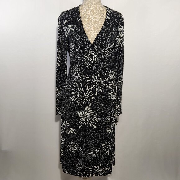 Chico's Women’s Size1/8-10 Black White Floral Print Faux Wrap Long Sleeve Dress - Picture 1 of 15